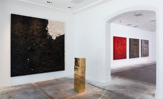 Paintings, volcanic rock sculptures fired with red glaze