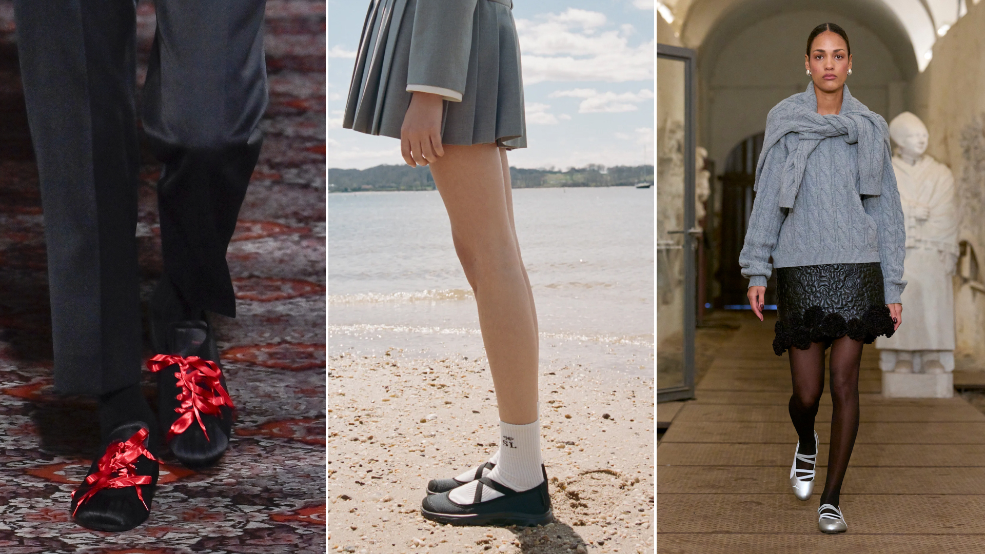 three close ups of women wearing ballet sneakers