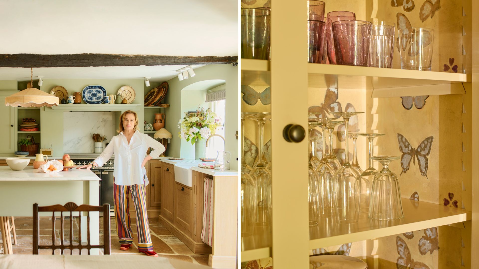 Penelope Chilvers in her kitchen and her cabinets which are hand painted with butterflies
