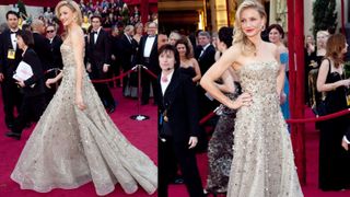 Cameron Diaz wearing a white strapless dress with silver beadwork on the Oscars red carpet