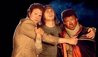 Pineapple Express Seth Rogen, James Franco, and Danny McBride hug for warmth