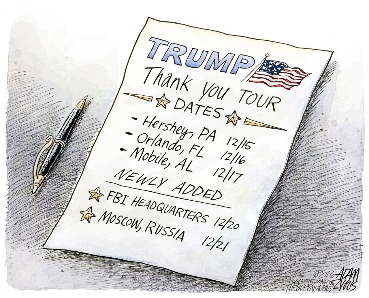 Political cartoon U.S. Donald Trump thank you tour