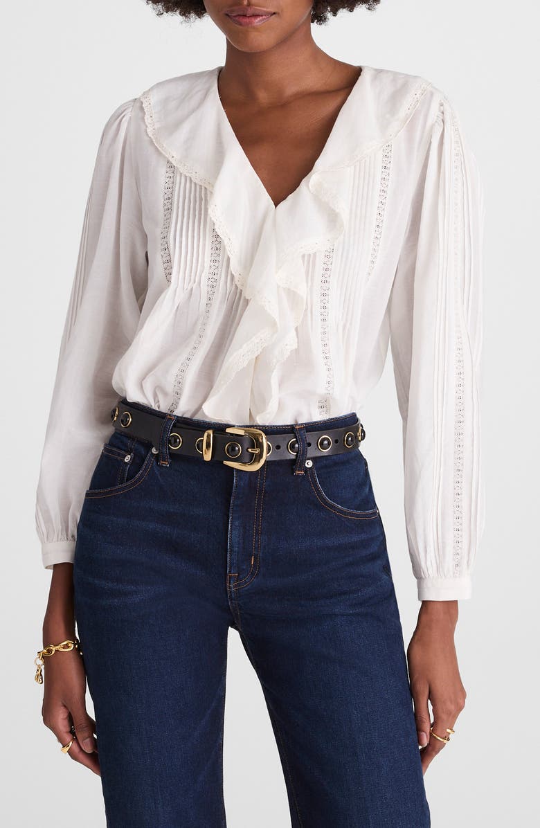 Lace Insert Ruffle Pintuck Long Sleeve Top
