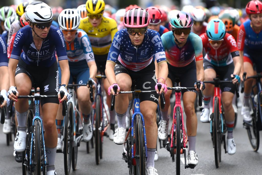 LIEGE BELGIUM AUGUST 14 Kristen Faulkner of The United States and Team EFOatlyCannondale leads the peloton during the 3rd Tour de France Femmes 2024 Stage 4 a 1227km stage from Valkenburg to Liege UCIWWT on August 14 2024 in Liege Belgium Photo by Alex BroadwayGetty Images