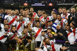 River Plate players celebrate after beating Boca Juniors in the final of the Copa Libertadores at the Santiago Bernabeu in 2018.