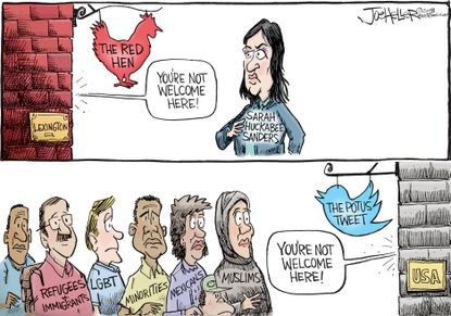 Political Cartoon U.S. Sarah Huckabee Sanders The Red Hen Trump tweets immigration