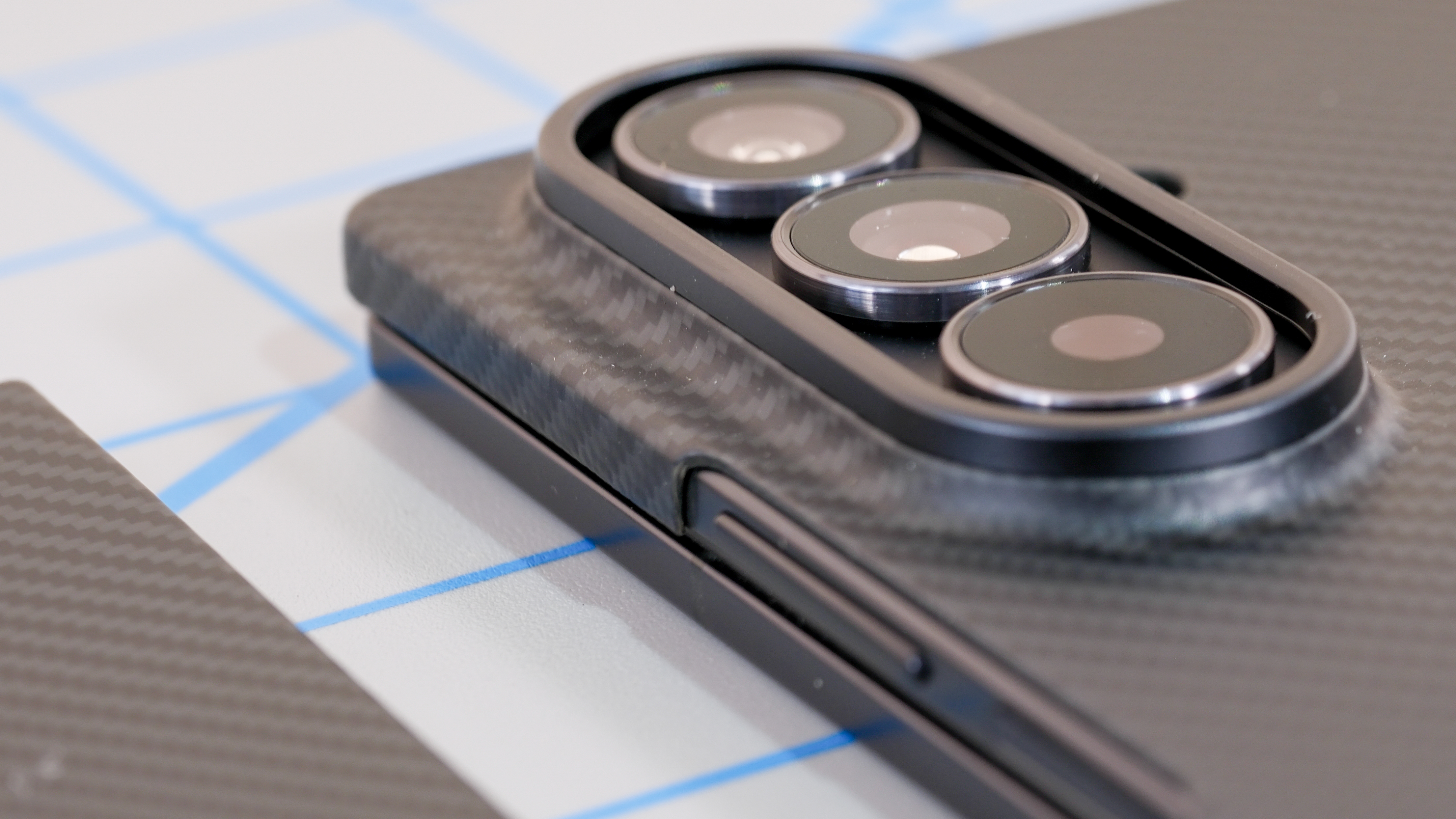 Samsung Galaxy Z Fold 7 in a carbon fiber case up close on camera lenses