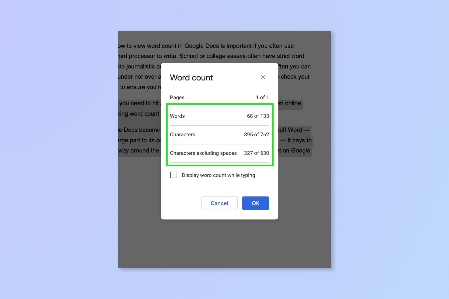 Снимок экрана, показывающий шаги, необходимые для просмотра количества слов в Документах Google.