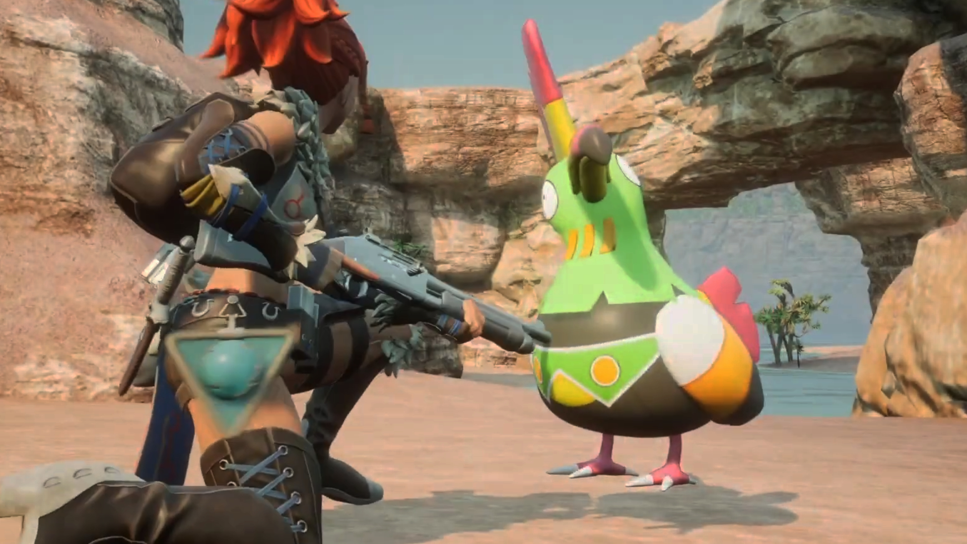 A player crouching in front of a Tocotoco in Palworld.