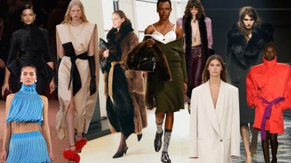 A collage of F/W 25 runway images by Fendi, Alaïa, Givenchy, Altuzarra, Miu Miu, Calvin Klein, Chloé, Prada, and Saint Laurent.
