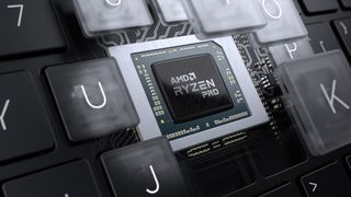 Et promobilde av AMD Ryzen Pro 6000 sittende bak et tastatur