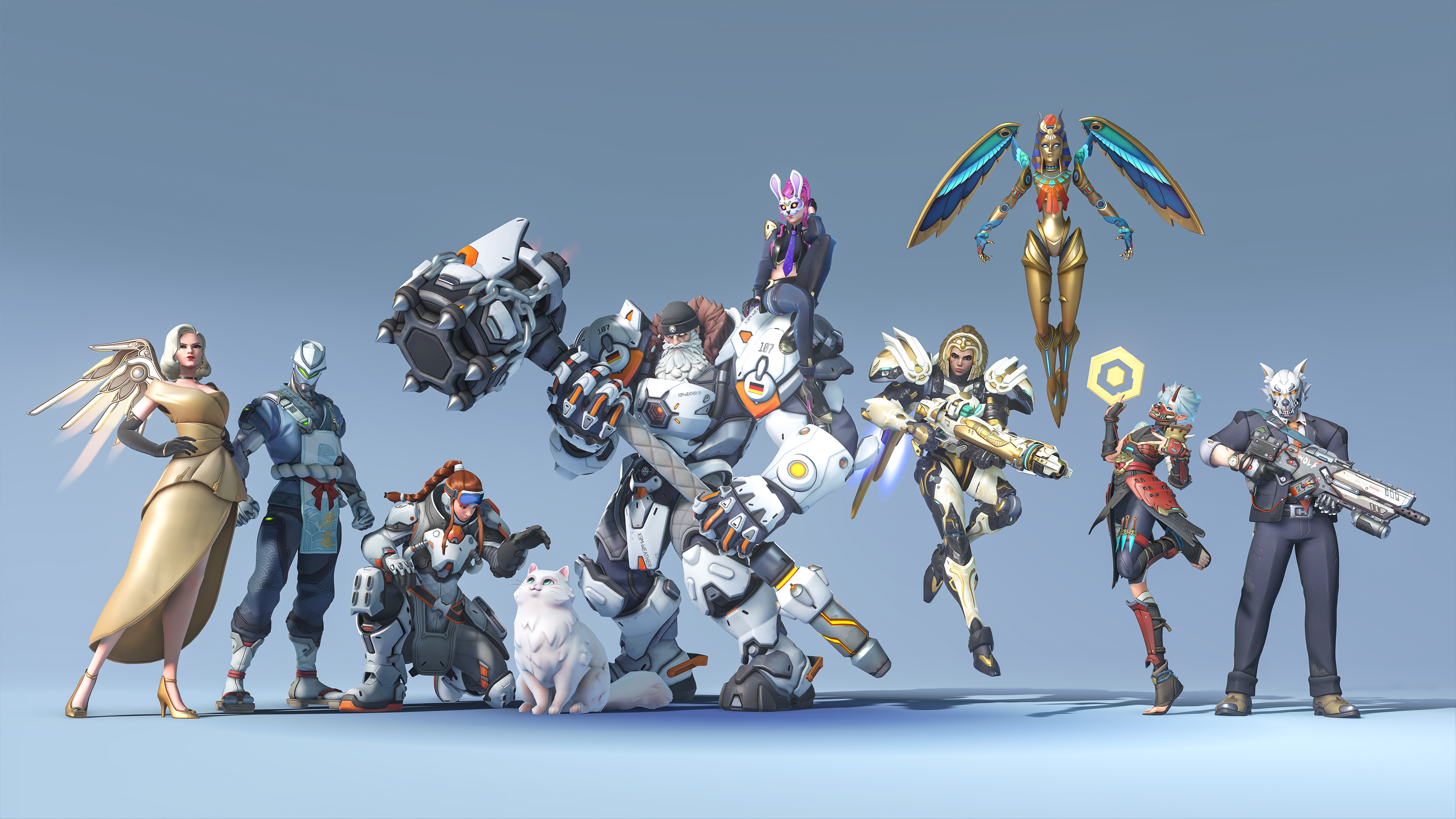 Overwatch screenshot of heroes with season 12 skins on a bright background