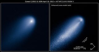 These images of Comet ISON were taken by NASA's Hubble Space Telescope on April 10, 2013, when the comet was 386 million miles from the sun. The image at right has been computer-processed to reveal the structure of ISON's inner coma.