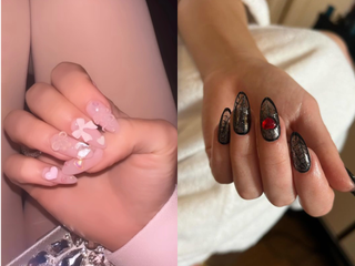 Two very different Sydney Sweeney manicures pictured side by side.