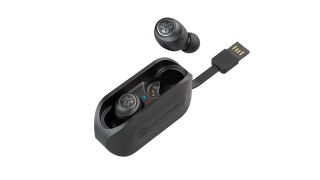 the jlab go air budget wireless earbuds in black with their charging case