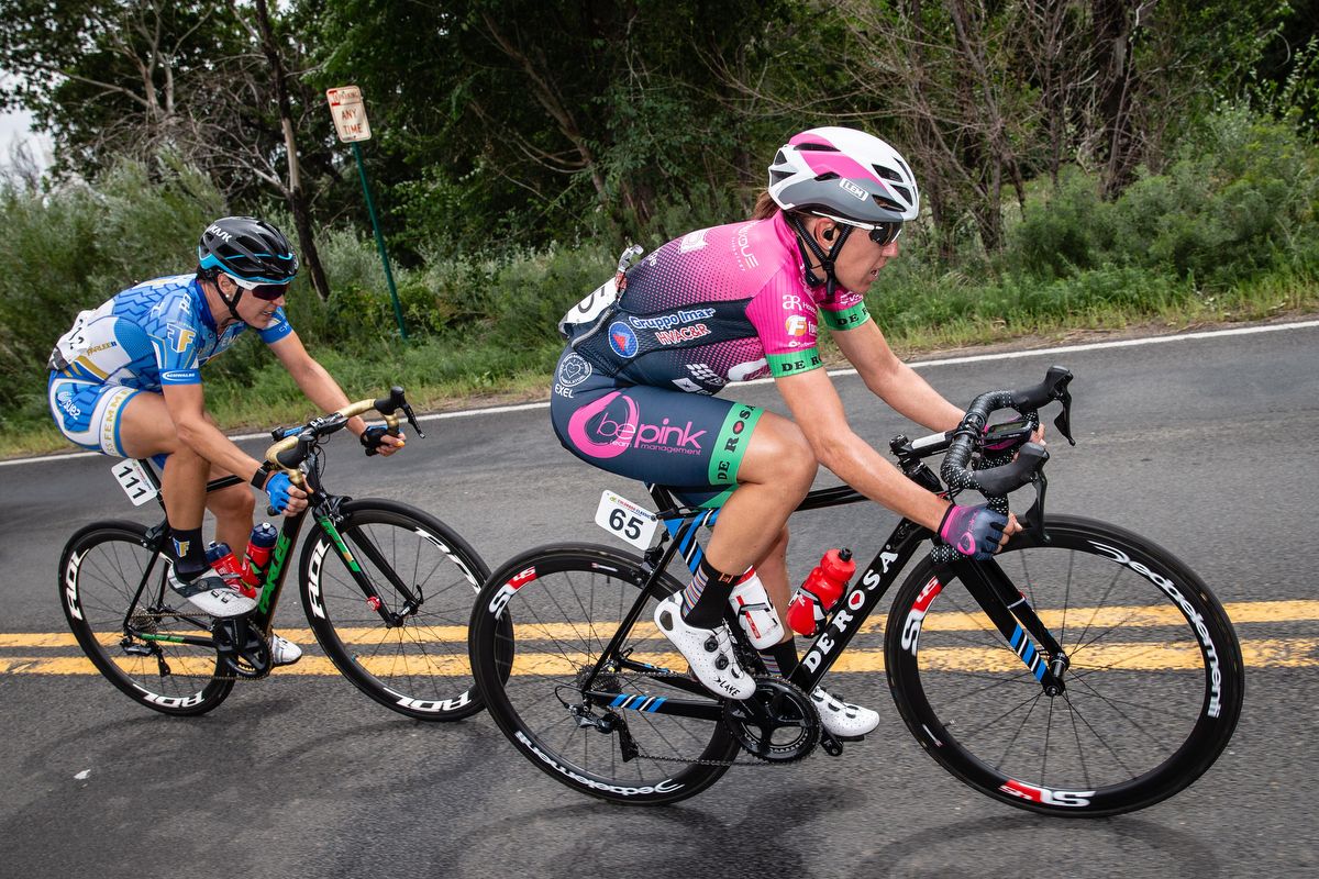Silvia Valsecchi (BePink) leads Rebecca Wiasak (Fearless Femme) in a breakaway attempt on stage 3 of the Colorado Classic on August 24, 2019 in Golden, Colorado.