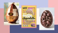 A composite image of three of the best vegan Easter eggs in 2023, on a colour-block background.