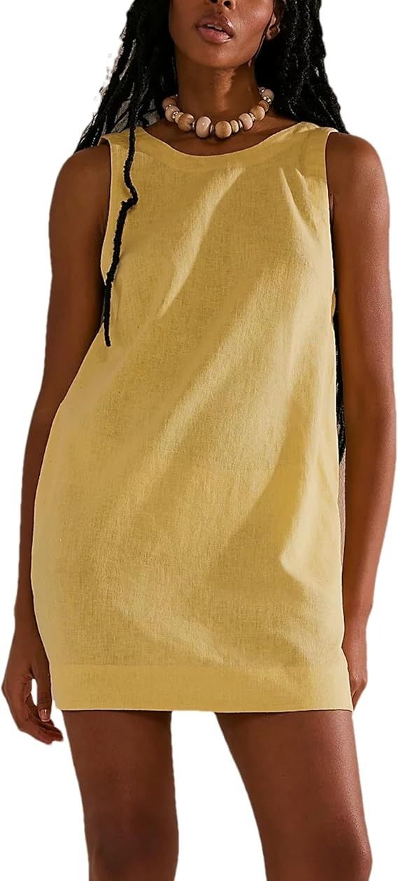 Megfie, Megfie Womens Summer Crew Neck Sleeveless Open Back Dress Casual Beach Sunshine Cotton Linen Mini Dress(0793-Yellow-Xs)