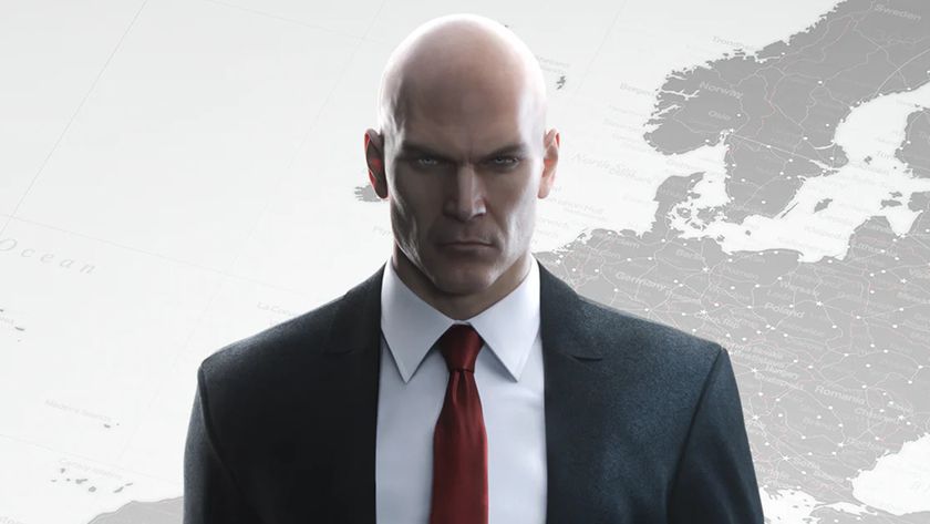 Cropped in key art of Agent 47 for Hitman 2016, showing him suited in front of a world map