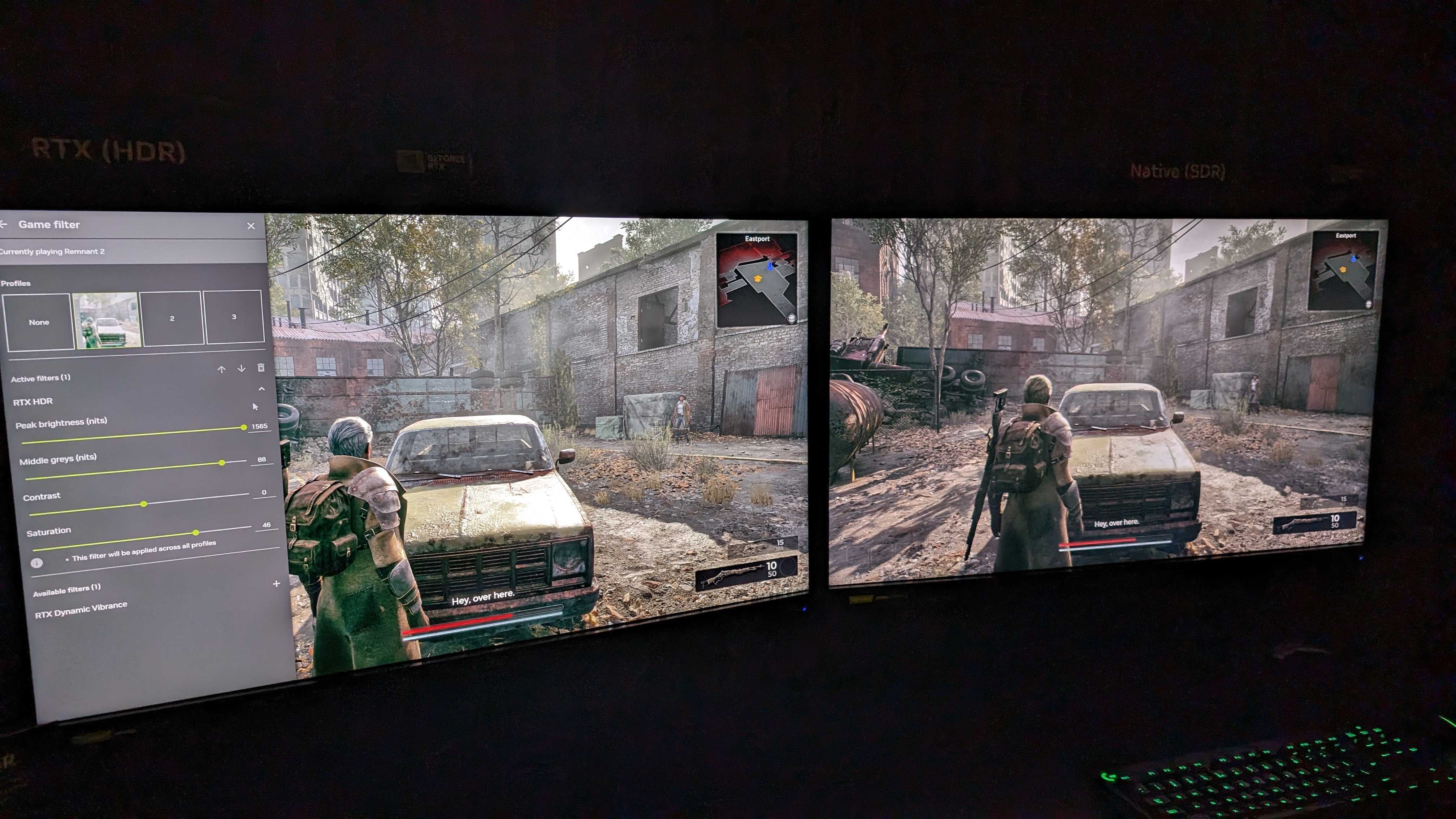 Two monitors displaying RTX HDR on and off in Remnant II.
