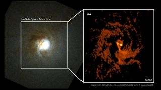 On the left is Mirach's Ghost as seen by the Hubble Space Telescope. On the right, Atacama Large Millimeter/submillimeter Array (ALMA) data reveals unprecedented detail of swirling gas in the same region.
