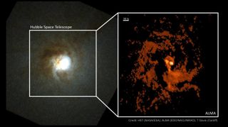 On the left is Mirach&#039;s Ghost as seen by the Hubble Space Telescope. On the right, Atacama Large Millimeter/submillimeter Array (ALMA) data reveals unprecedented detail of swirling gas in the same region.