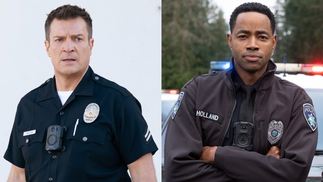 From L to R: Nathan Fillion as John Nolan on The Rookie, Jay Ellis as Alex Holland on The Rookie: North.