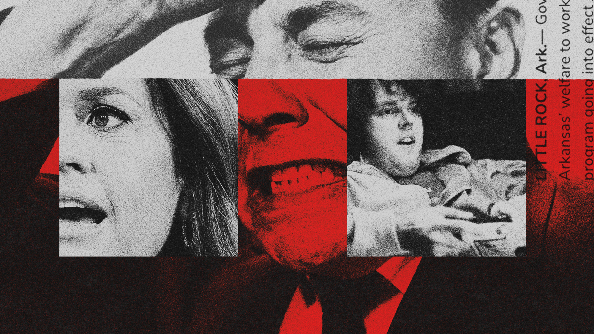 Photo collage illustration of an angry man superimposed with a portrait of Sarah Huckabee Sanders and a still from her welfare fraud ad