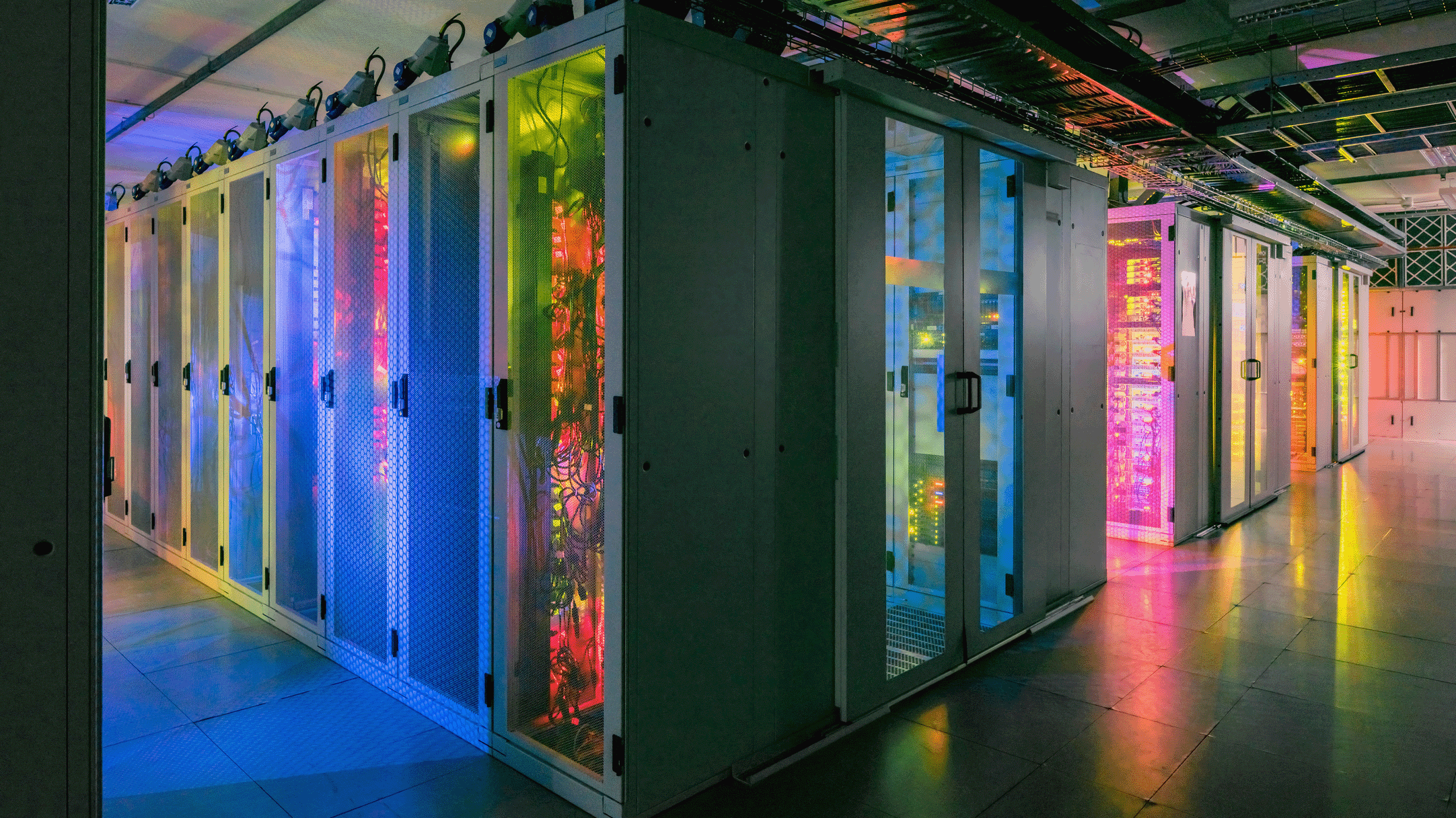 Brightly coloured data center racks