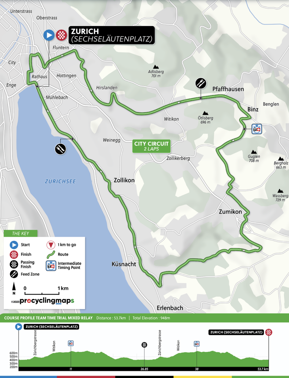 Course map and profile of the Mixed Relay at the Zurich UCI Road World Championships 2024