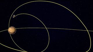 China's Tianwen-1 Mars mission enters orbit around the Red Planet in this still from a video animation. Tianwen-1, China's first Mars mission, arrived at Mars on Feb. 10, 2021.