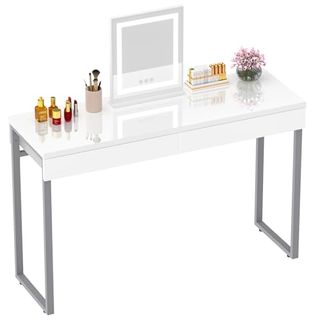 Greenforest Vanity Desk With 2 Drawers Glossy White 47 Inch Modern Home Office Computer Writing Desk Makeup Dressing Table With Metal Silver Legs for Bedroom,silver