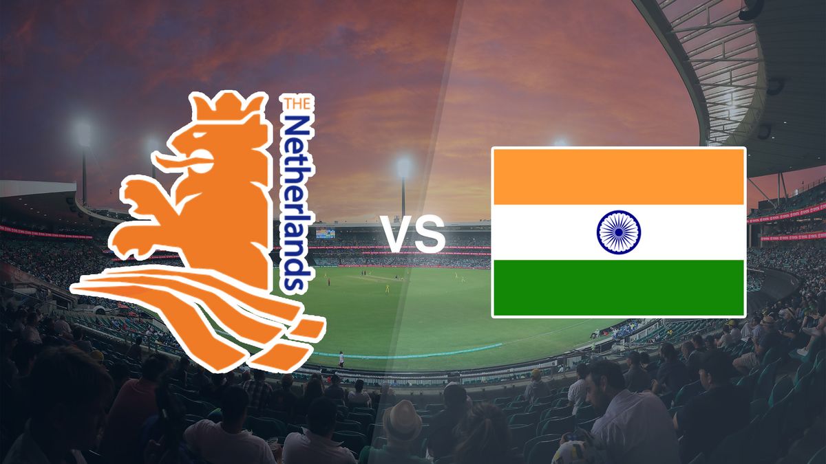 A cricket pitch with the Netherlands and India logos on top, for the Netherlands vs India live stream of the T20 World Cup