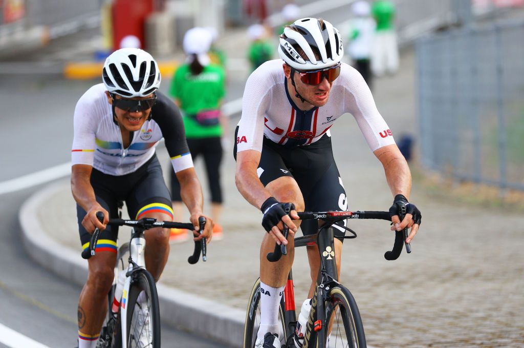 Brandon McNulty (USA) and Richard Carapaz (Ecuador) in the men&#039;s road race at the Tokyo Olympic Games