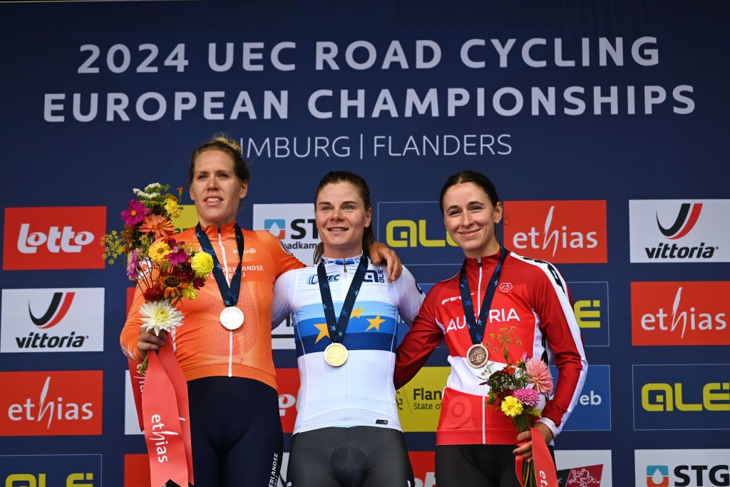 HASSELT BELGIUM SEPTEMBER 11 Silver medalist Ellen Van Dijk of Team The Netherlands gold medalist Lotte Kopecky of Team Belgium and bronze medalist Christina Schweinberger of Team Austria pose on the podium during the medal ceremony after the 30th UEC Road Cycling European Championships 2024 Womens Elite Individual Time Trial a 313km from HeusdenZolder to Hasselt UCIWWT on September 11 2024 in Hasselt Belgium Photo by Luc ClaessenGetty Images