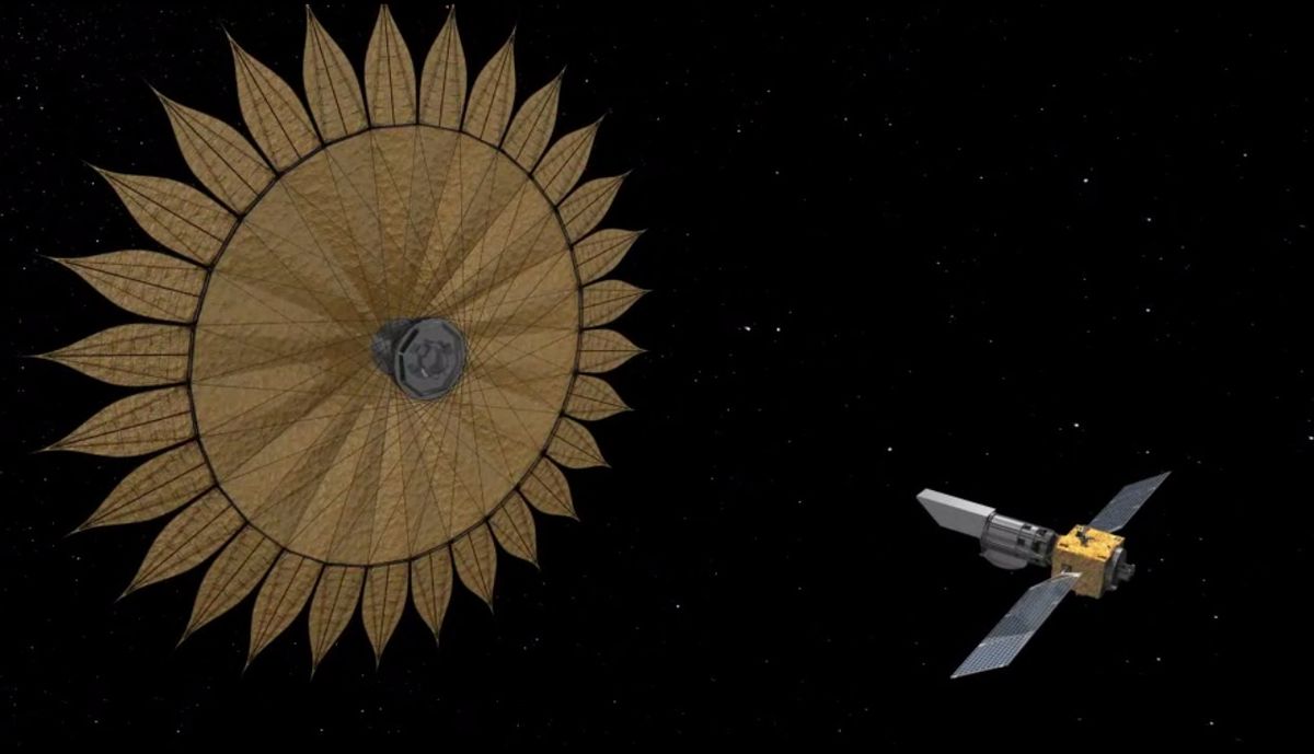 An artist&#039;s depiction of a sunflower-shaped starshade that could help space telescopes find and characterize alien planets.