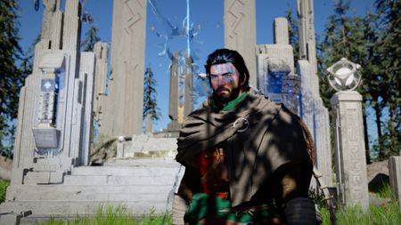 Crimson Desert Root's End: Kliff standing next to a grand staircase in a bright garden.