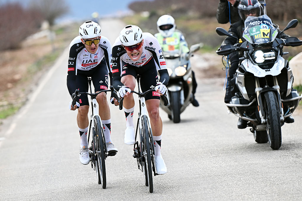 YECLA, SPAIN - FEBRUARY 13: (L-R) Marc Soler of Spain and Julius Johansen of Denmark and UAE Team Emirates - XRG compete in the breakaway during the 46th Vuelta a la Region de Murcia 2026, Stage 1 a 83.5km stage from Fortuna to Yecla 598m / The race has been neutralized due to strong winds and will resume again at 2pm from the town of Fortuna / on February 13, 2026 in Yecla, Spain. (Photo by Dario Belingheri/Getty Images)