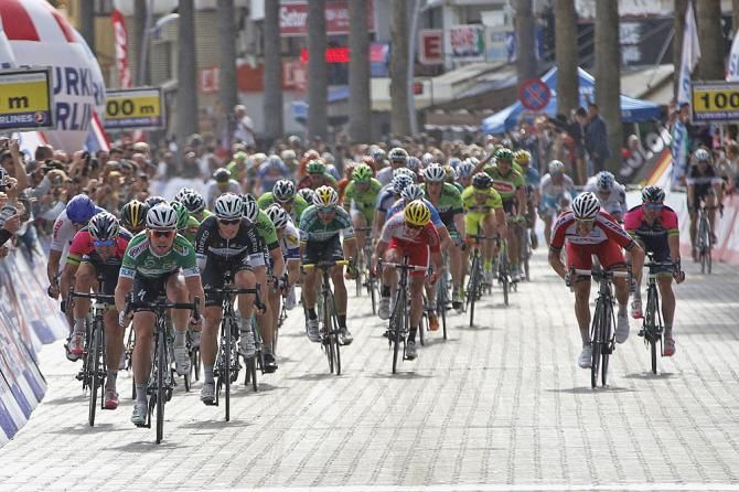 Mark Cavendish (Omega Pharma Quick Step) sprints to victory in stage 4 of the Tour of Turkey