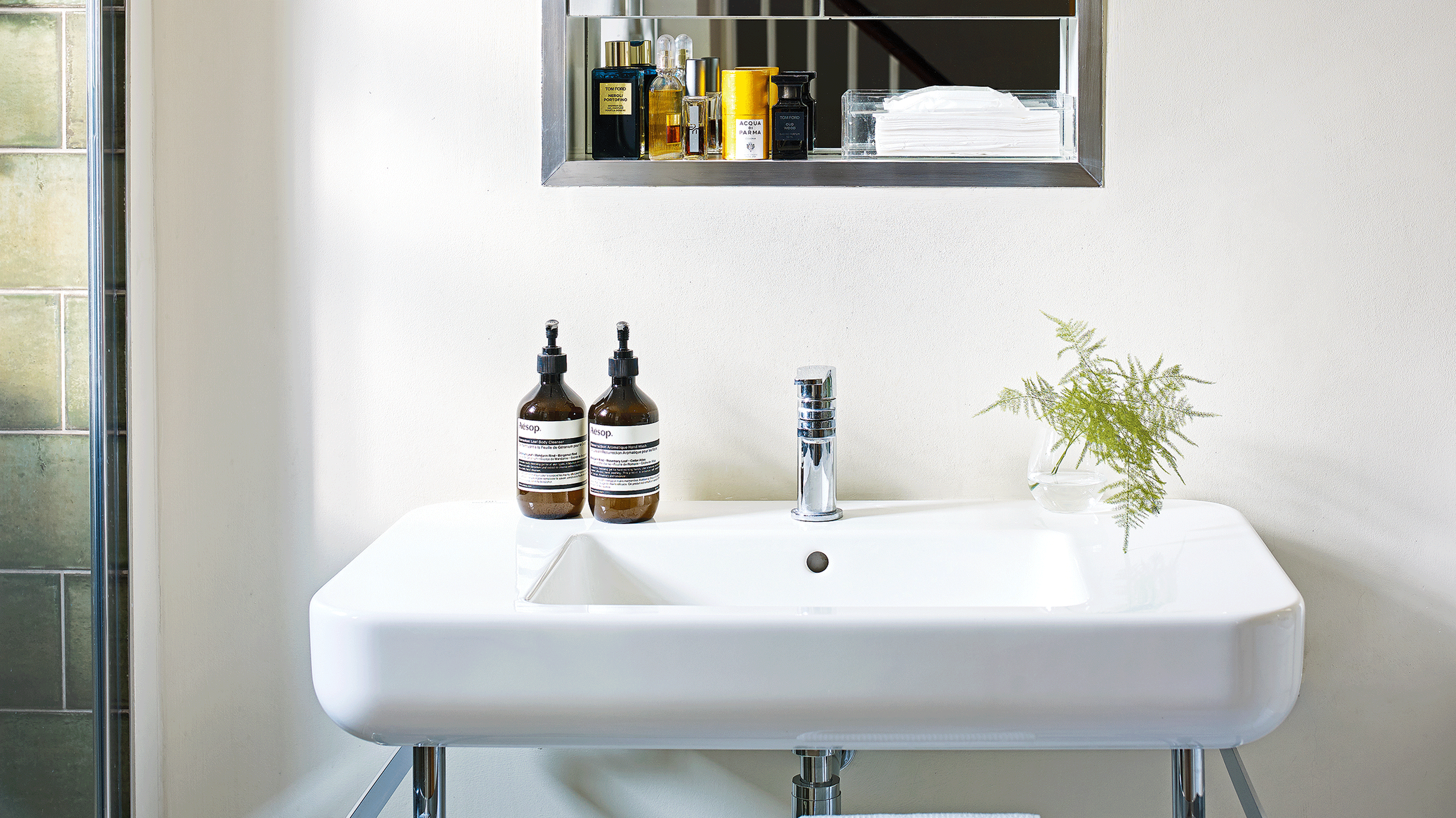 Blue bathroom with sink and house plant