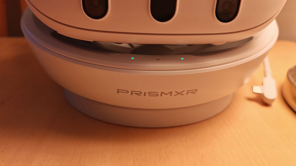 The branding on the PrismXR charging dock