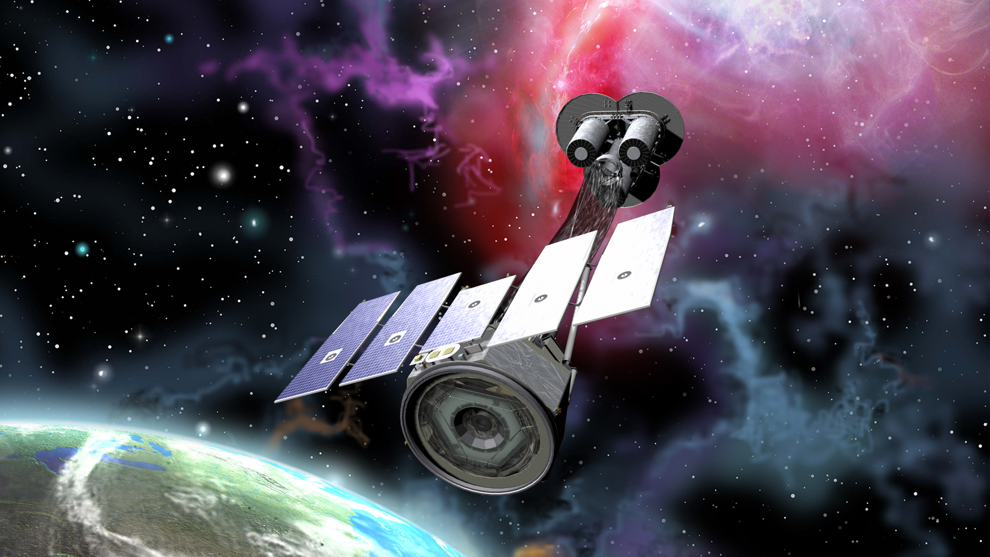Ein T-förmiger Satellit im Weltraum