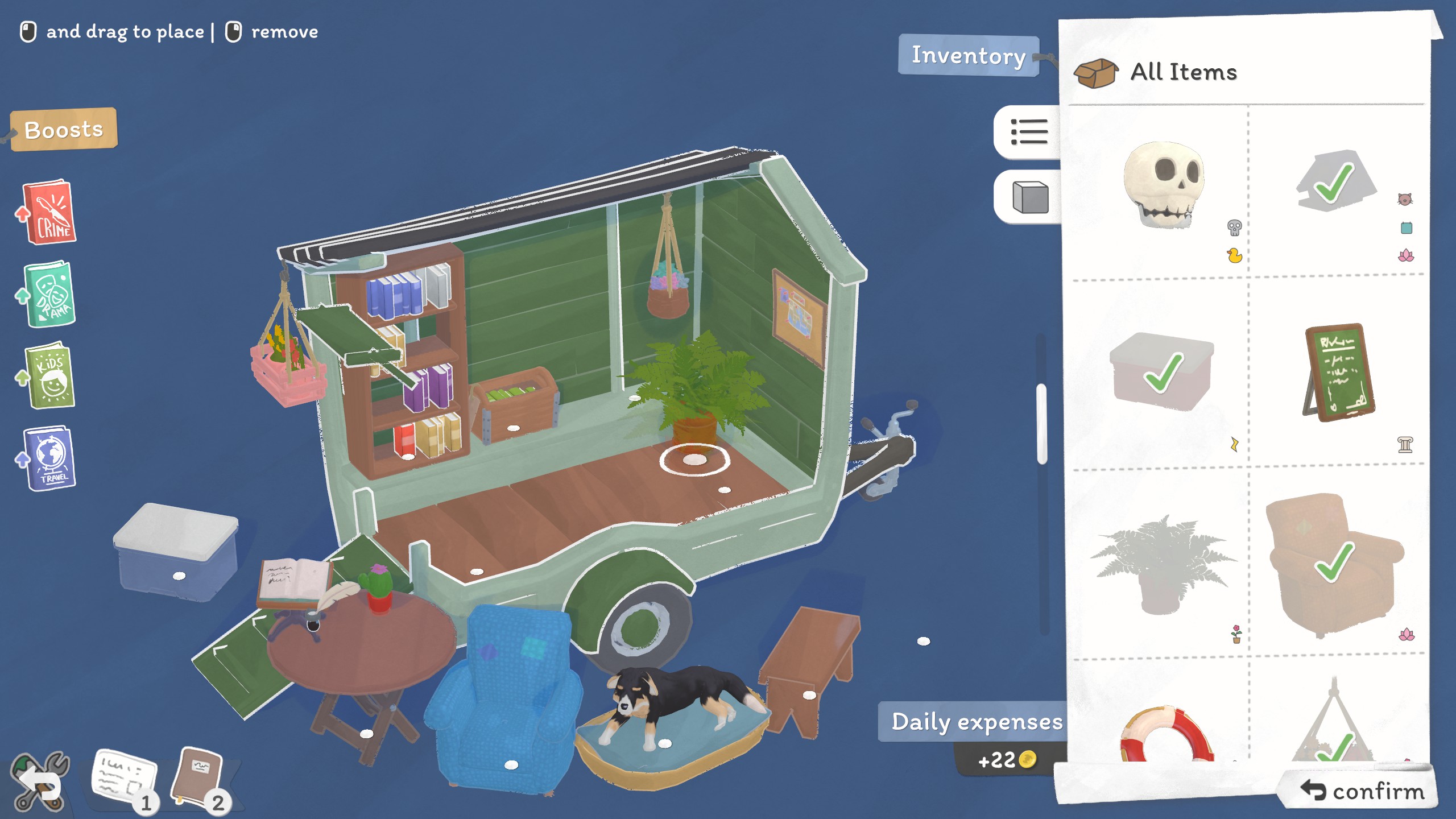 Tiny Bookshop - The inside of a small mobile bookstore with a shelf of books, plants, a pet dog, and more decor