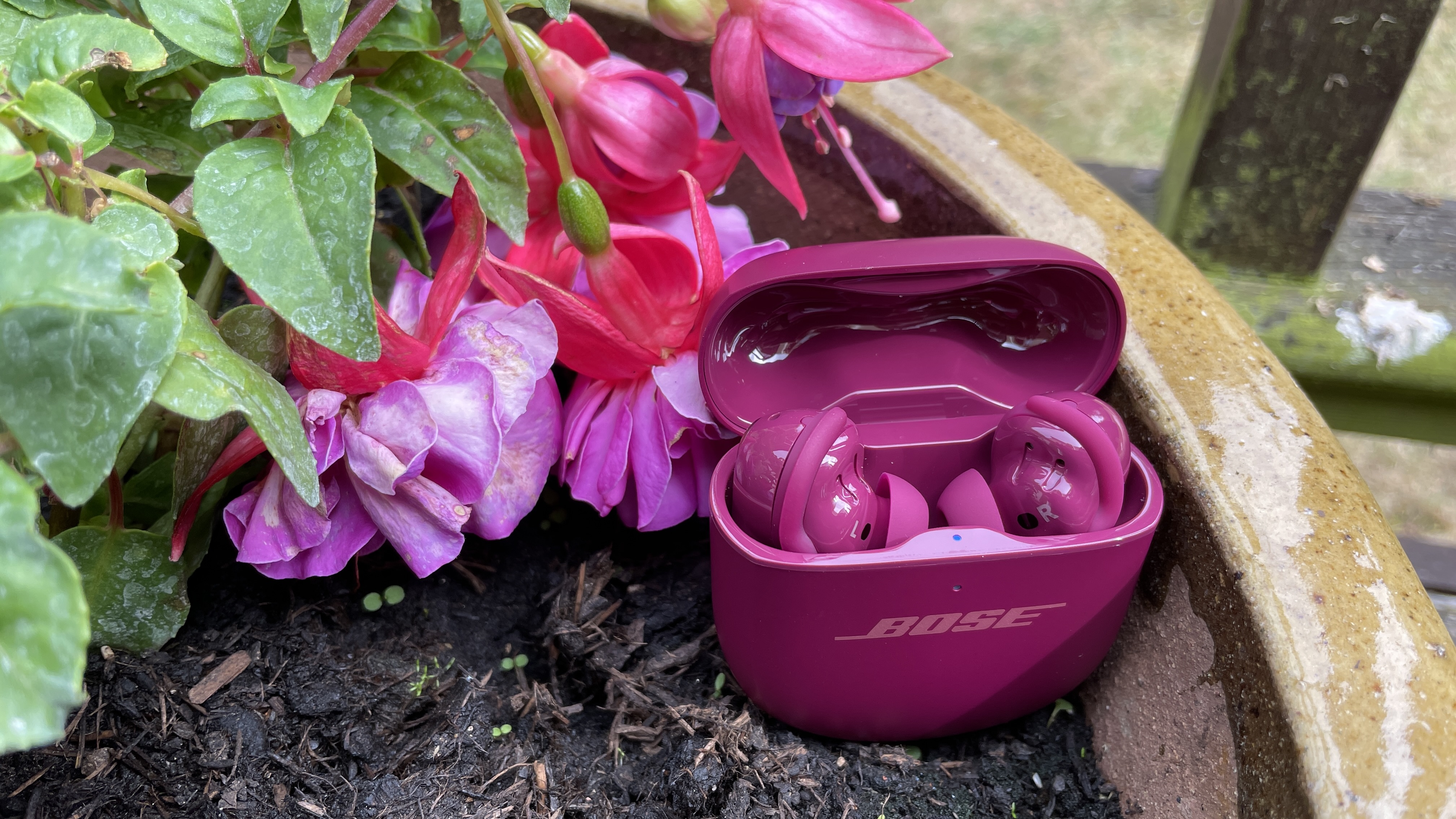 Bose QuietComfort Ultra Earbuds (2nd Gen) in purple color, next to some flowers of a similar shade but held in a hand