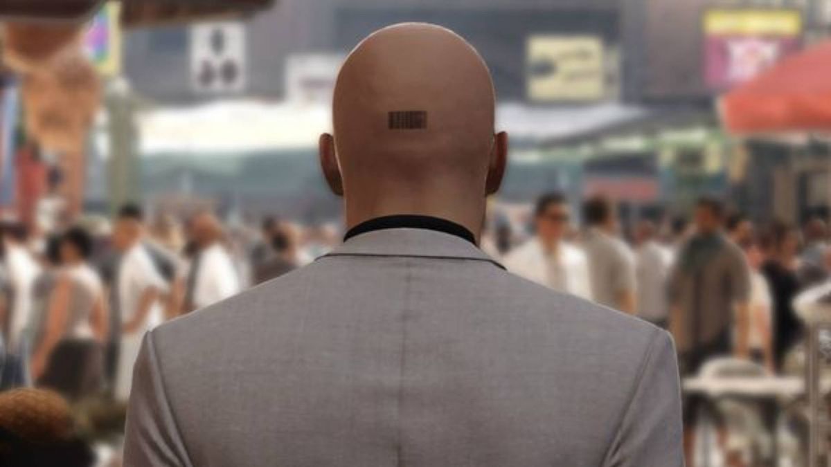 A screenshot of the back of Hitman character Agent 47&#039;s head.