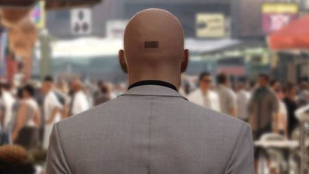 A screenshot of the back of Hitman character Agent 47's head.