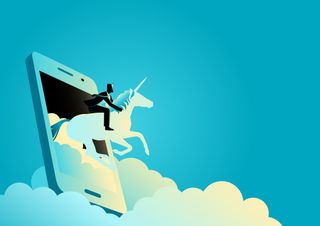 A digital render of a unicorn riding out of a smartphone, symbolising thriving startups in the tech industry