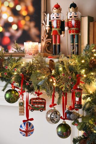 festive mantlepiece with nutcrackers and london themed decorations