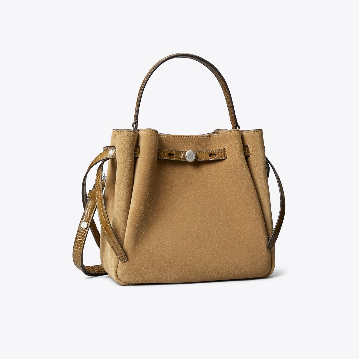 Romy Suede Bucket Bag in Beige, Size Os
