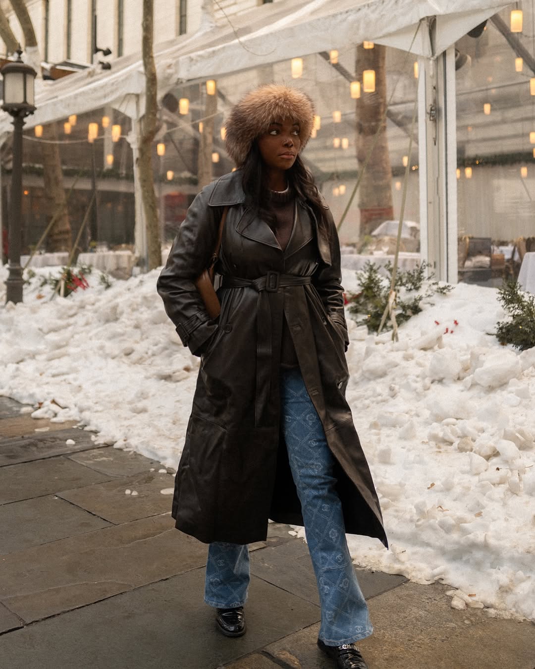 woman wearing leather trench coat jean outfit spring 2026